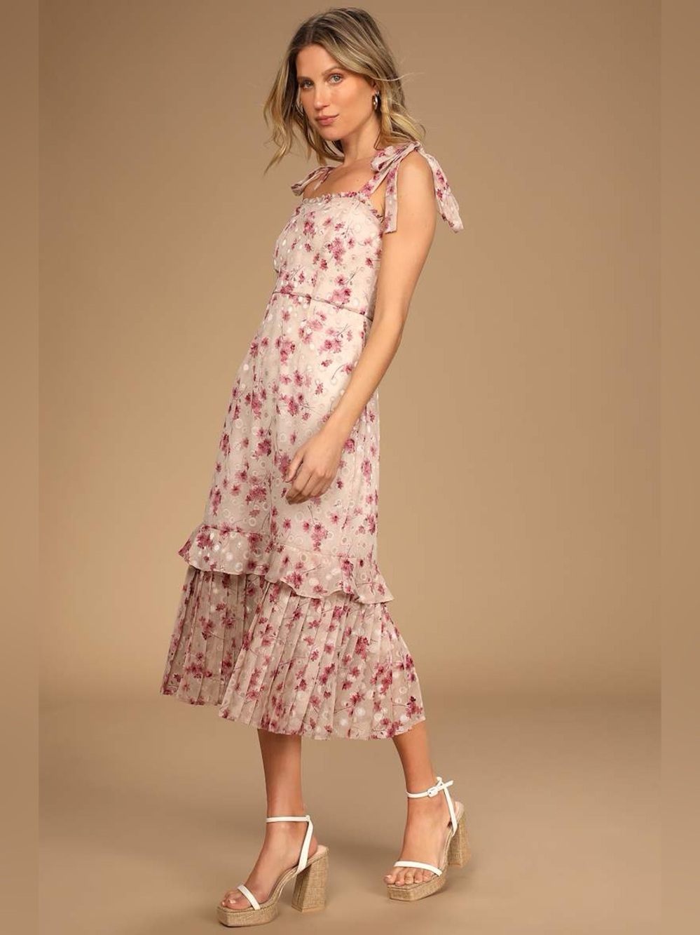 NEW LULUS TAUPE FLORAL TIERED MIDI DRESS - Picture 3 of 8